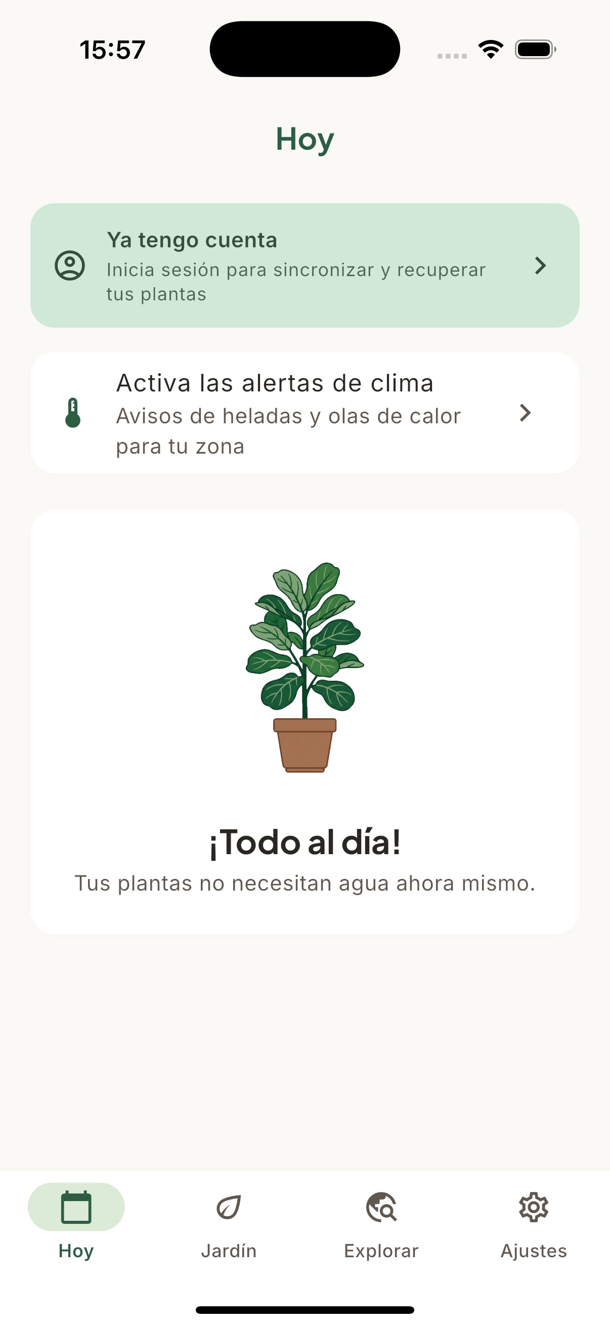 Pantalla Hoy: resumen diario de tareas de riego