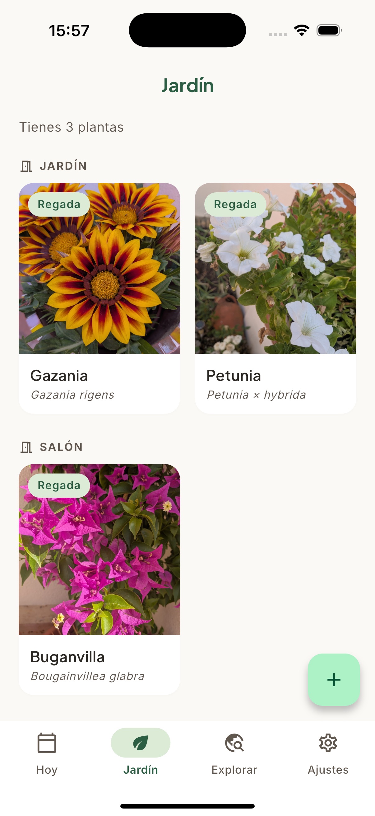 Pantalla de Jardín de Brota con plantas organizadas por habitación