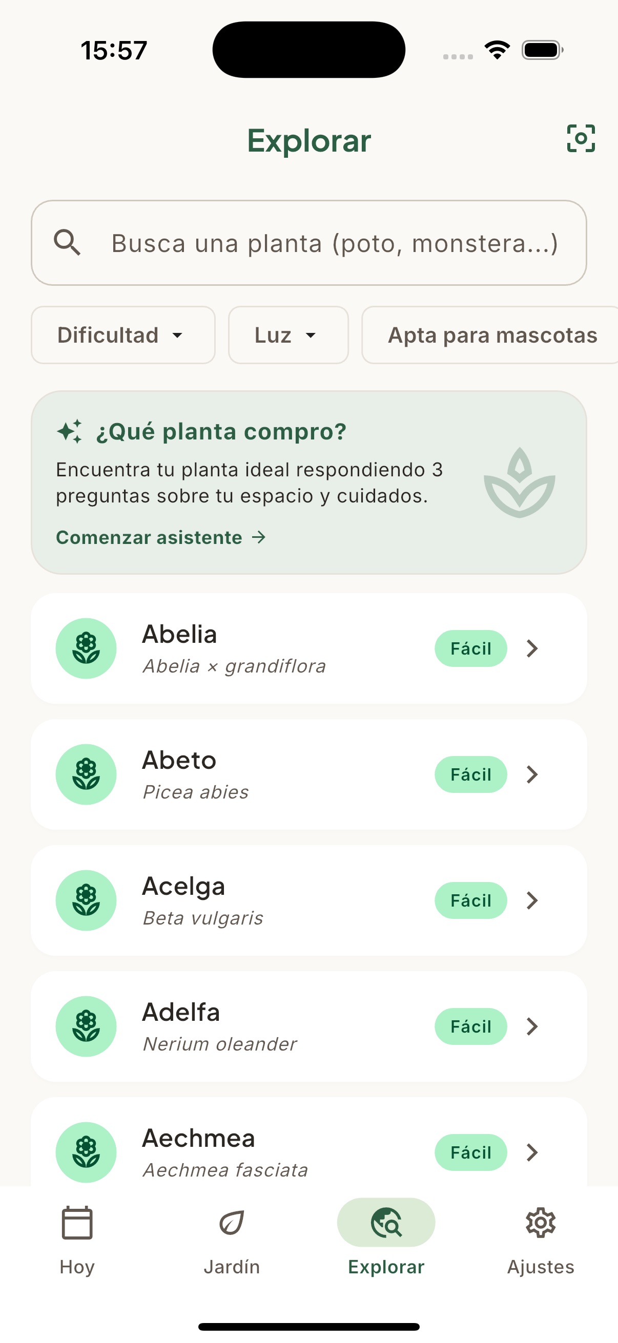 Pantalla Explorar: catálogo de plantas con filtros
